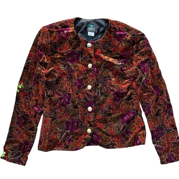 Vtg Fritzi California Velvet Floral Buttoned Jacket Rust Burnt Orange Gold Sz M - Picture 1 of 7